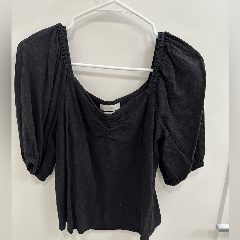 Black linen blend puff sleeve top